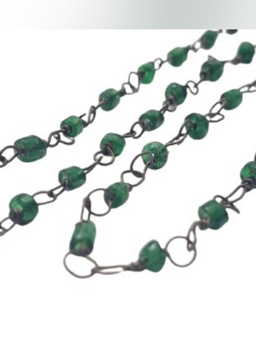Vintage Estate Mini Green Bead Double Strand Brass Link Necklace Jewelry